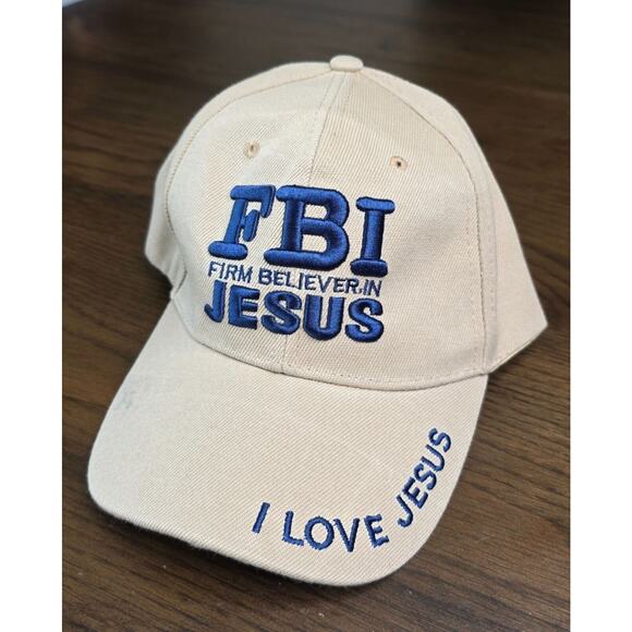 FBI Firm Believer In Jesus Beige Adjustable Baseball Cap Embroidered I Love Jesu - Picture 1 of 9